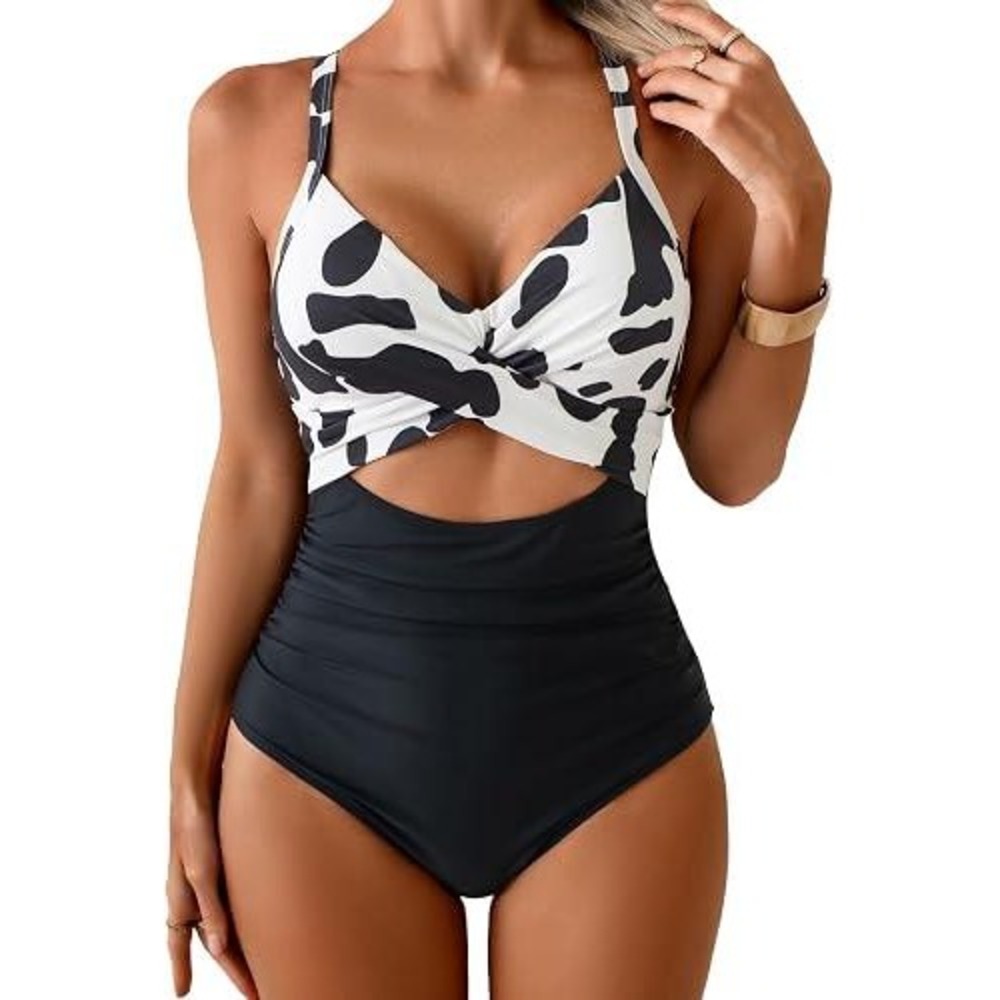 Eomenie Womens Cow Print‎ Cutout One Piece Swimsuit Black White Small NWT